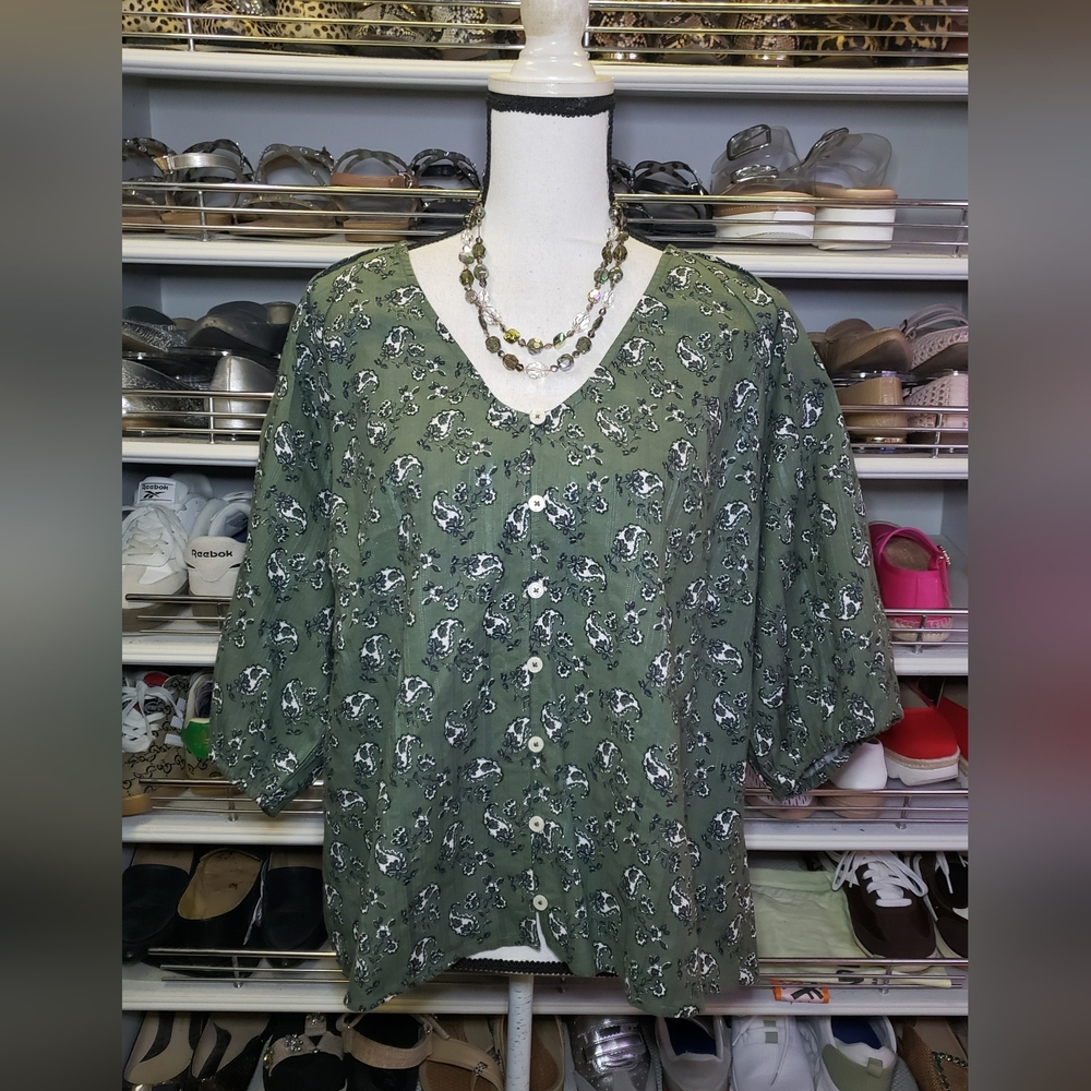 LOFT Paisley Bubble Sleeve Mixed Media Blouse